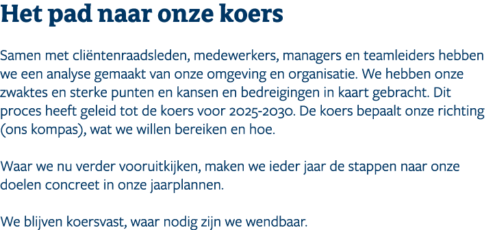 ﻿Het pad naar onze koers﻿ Samen met cli ntenraadsleden, ﻿medewerkers, managers en teamleiders hebben we een analyse g...