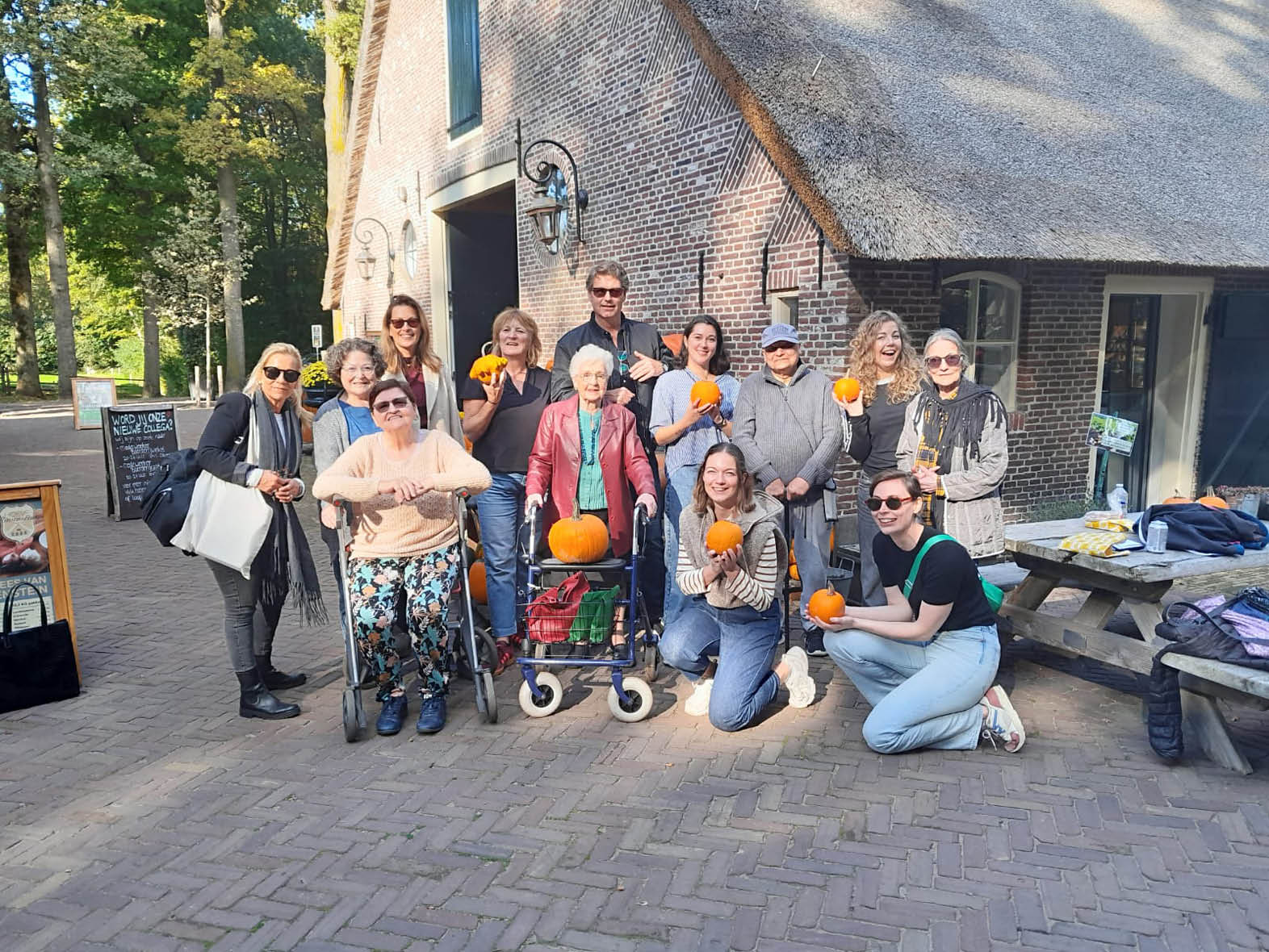 A group of people posing for a photo in front of a building. AI generated content