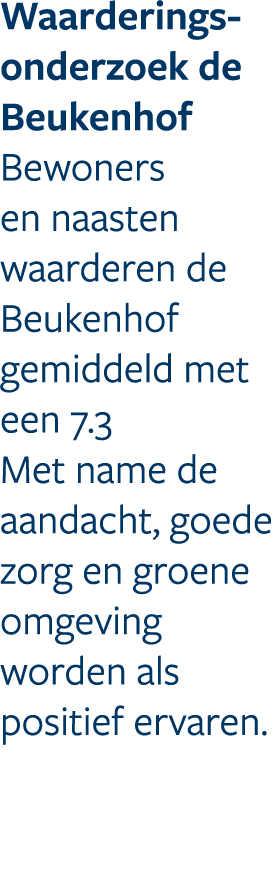 Waarderings onderzoek de Beukenhof Bewoners en naasten waarderen de Beukenhof gemiddeld met een 7.3 Met name de aanda...